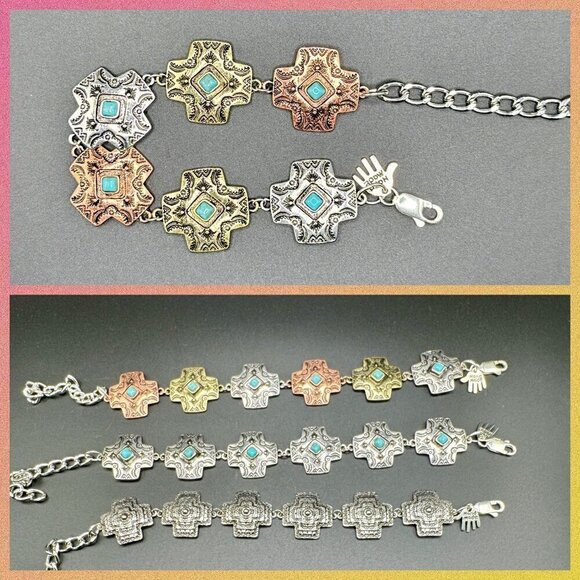 Faux Turquoise and Silver Tone Concho Chain Bracelet #1439 - Picture 1 of 6